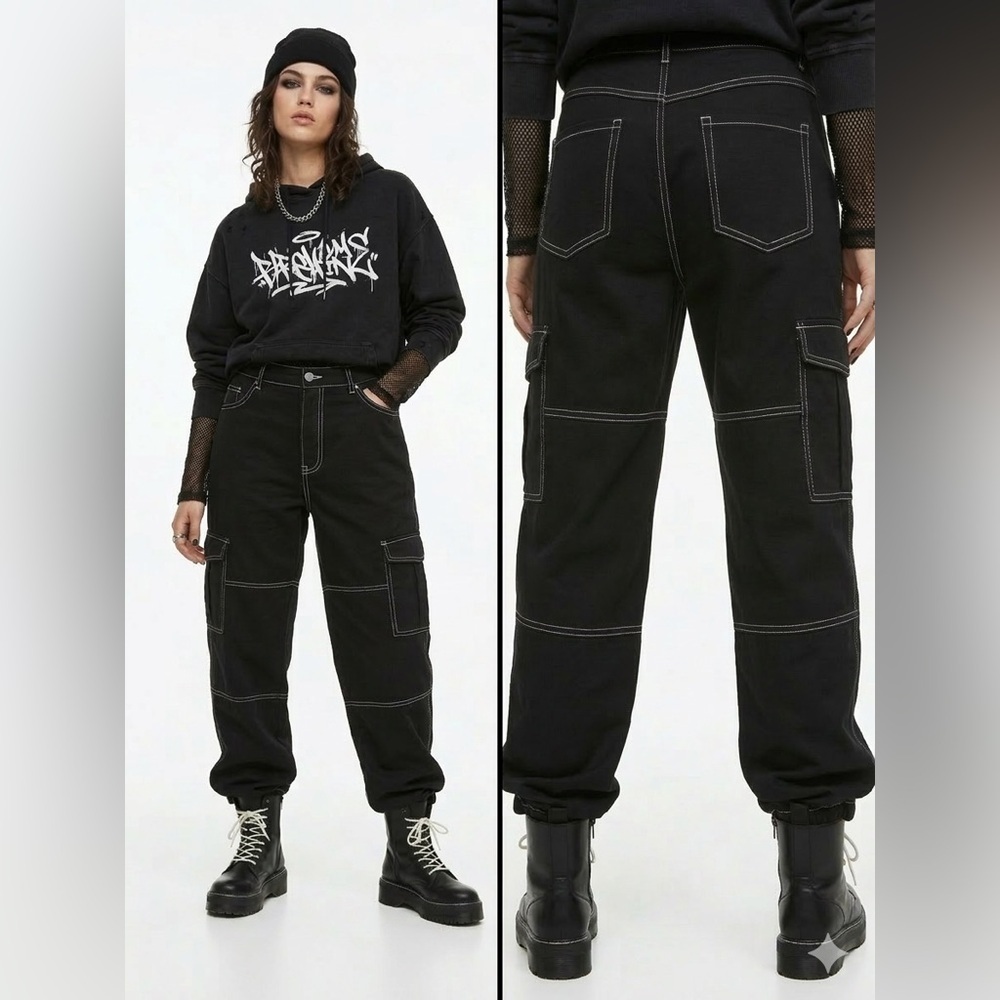 H&M DIVIDED CARGO PANTS BLACK CONTRAST STITCH STRAIGHT LEG SIZE 8 - Picture 1 of 8